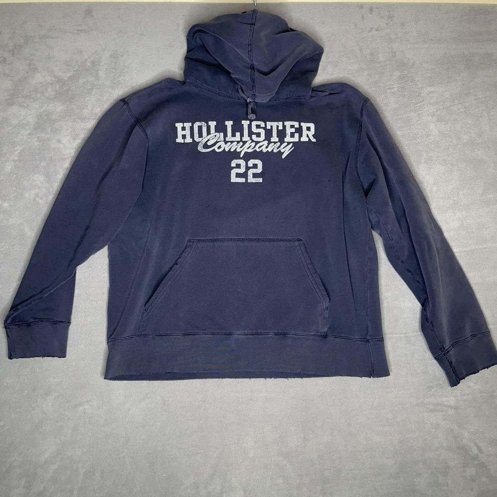 HOLLISTER‎ HOODIE MENS MEDIUM NAVY BLUE DISTRESSED SPELL OUT 22 Y2K SWEATSHIRT